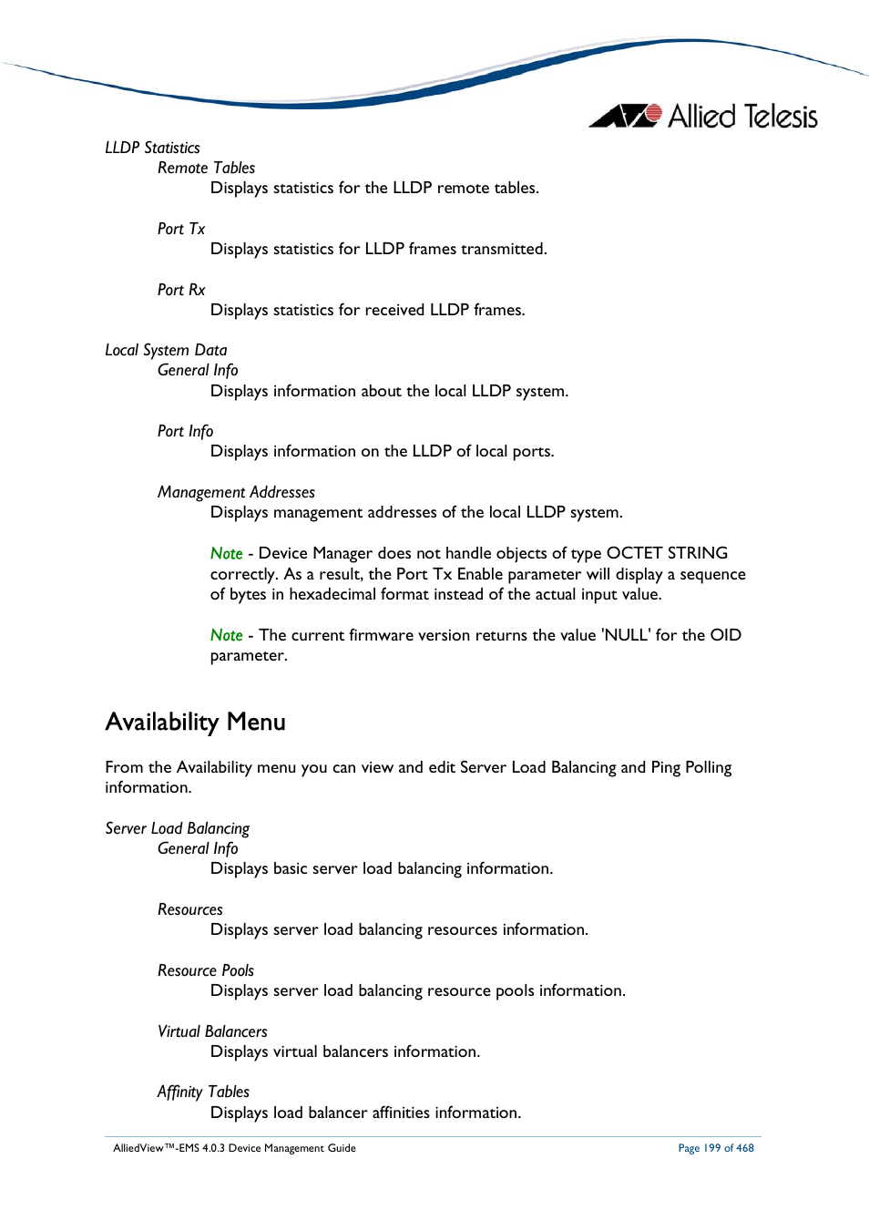 Availability menu | Allied Telesis AlliedView-EMS 4.0.3 Device-Management User Manual | Page 199 / 468