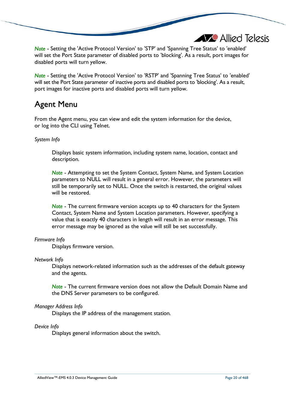 Agent menu | Allied Telesis AlliedView-EMS 4.0.3 Device-Management User Manual | Page 20 / 468