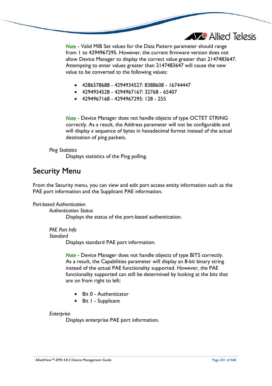 Security menu | Allied Telesis AlliedView-EMS 4.0.3 Device-Management User Manual | Page 201 / 468