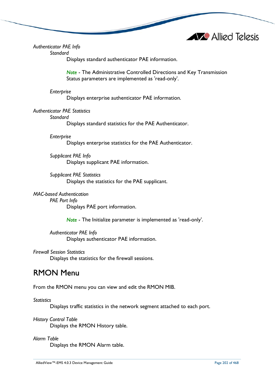 Rmon menu | Allied Telesis AlliedView-EMS 4.0.3 Device-Management User Manual | Page 202 / 468