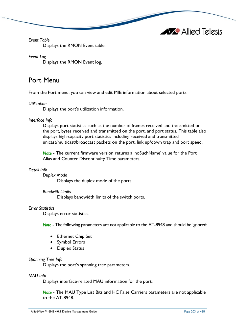 Port menu | Allied Telesis AlliedView-EMS 4.0.3 Device-Management User Manual | Page 203 / 468