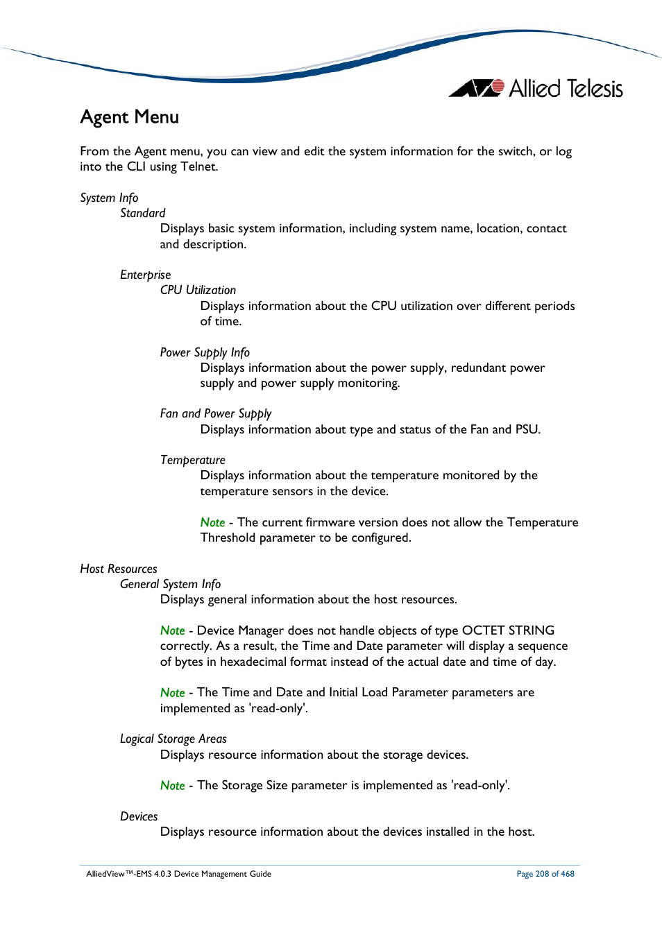 Agent menu | Allied Telesis AlliedView-EMS 4.0.3 Device-Management User Manual | Page 208 / 468