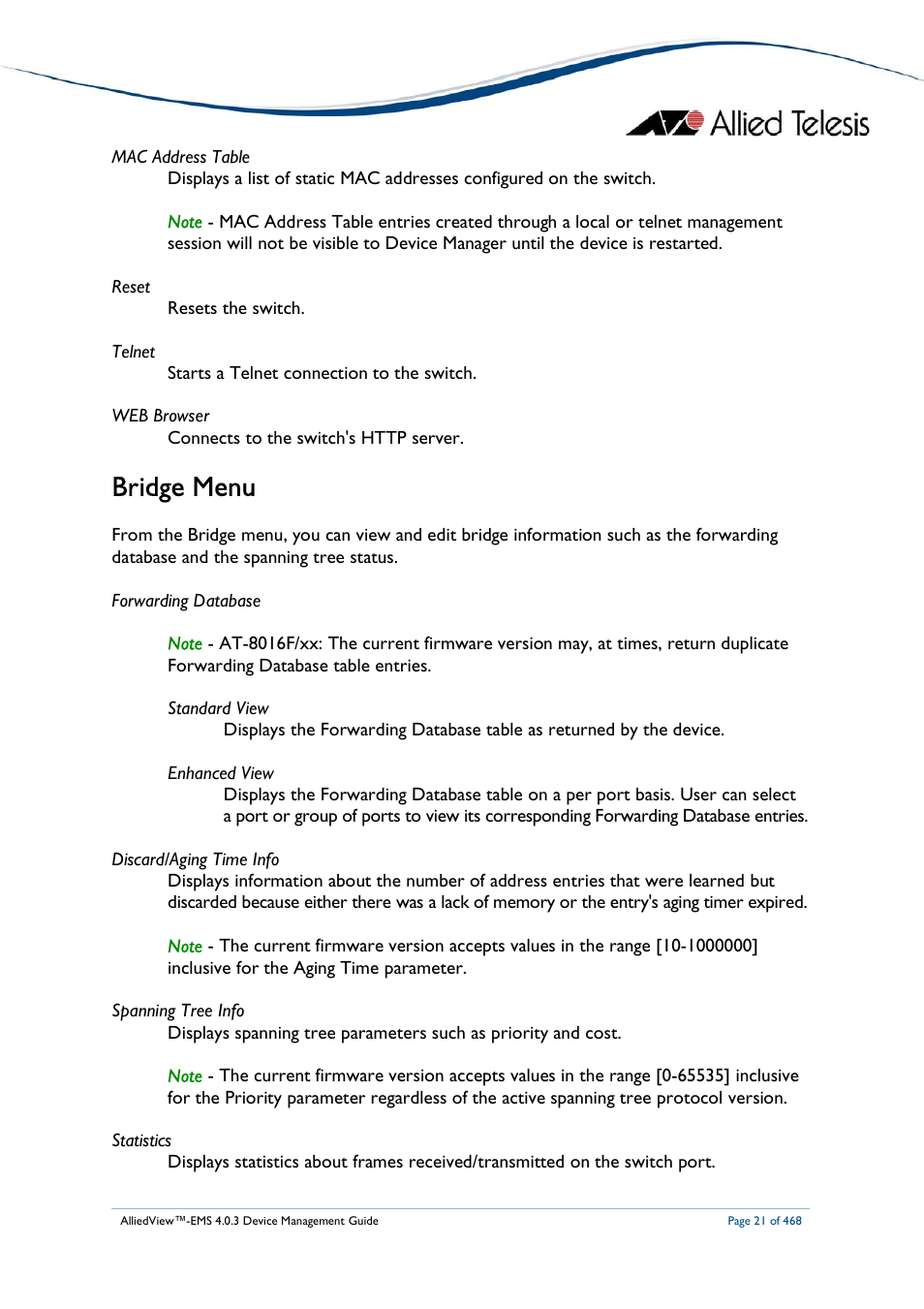 Bridge menu | Allied Telesis AlliedView-EMS 4.0.3 Device-Management User Manual | Page 21 / 468