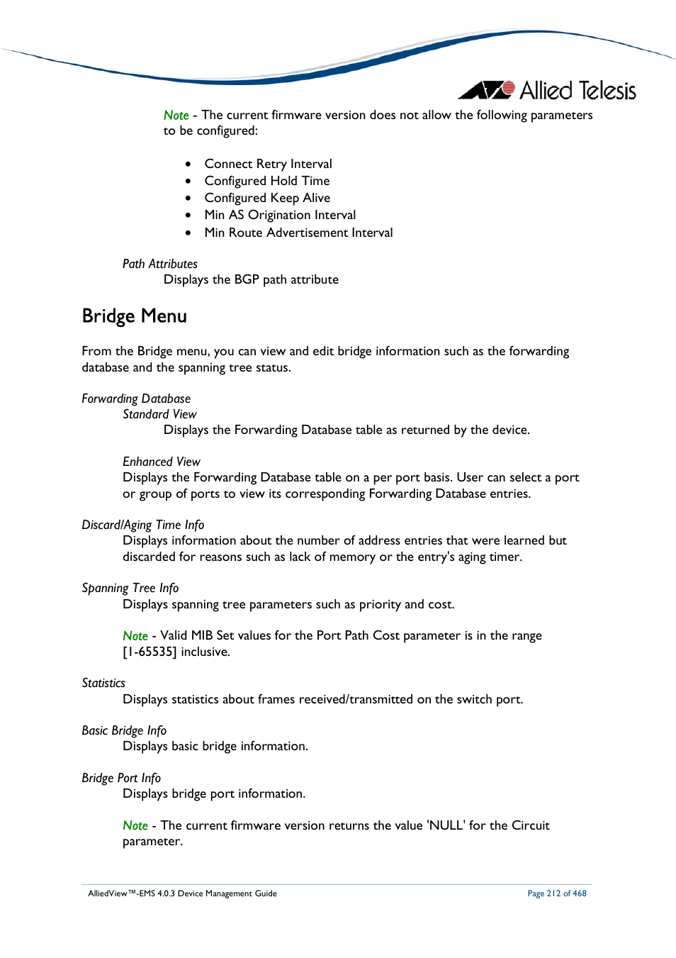 Bridge menu | Allied Telesis AlliedView-EMS 4.0.3 Device-Management User Manual | Page 212 / 468