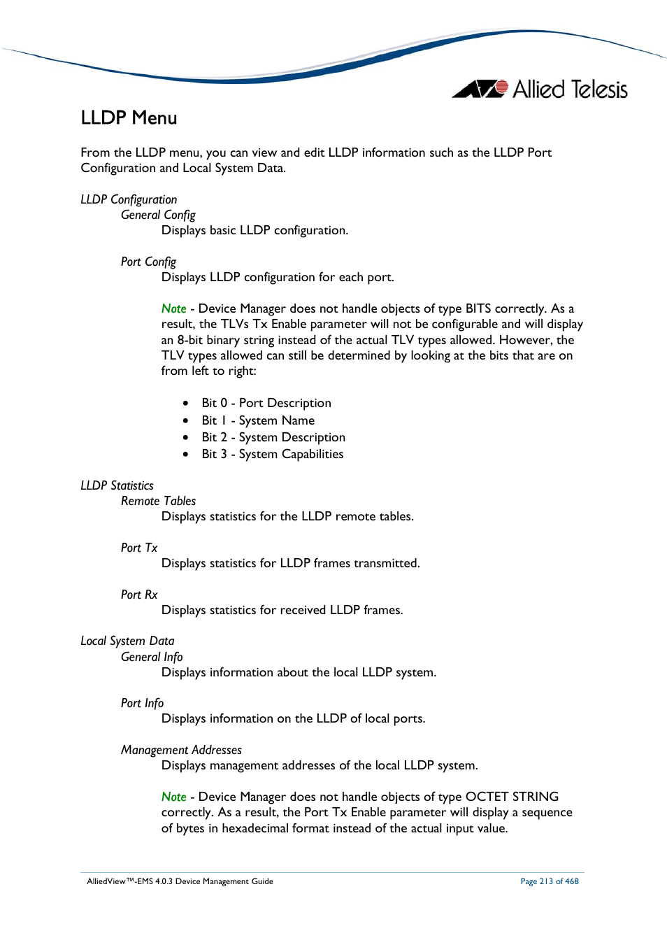 Lldp menu | Allied Telesis AlliedView-EMS 4.0.3 Device-Management User Manual | Page 213 / 468