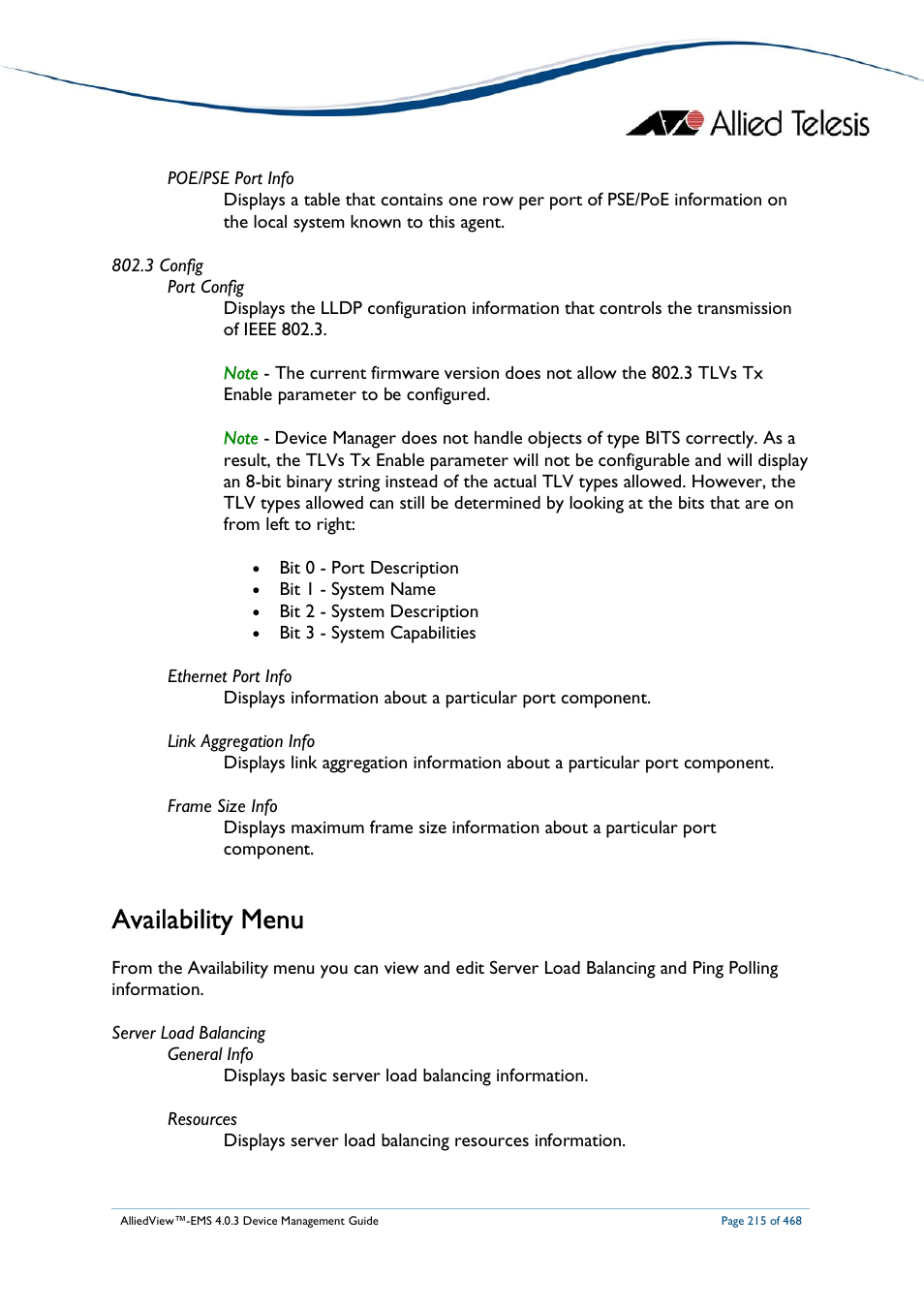 Availability menu | Allied Telesis AlliedView-EMS 4.0.3 Device-Management User Manual | Page 215 / 468