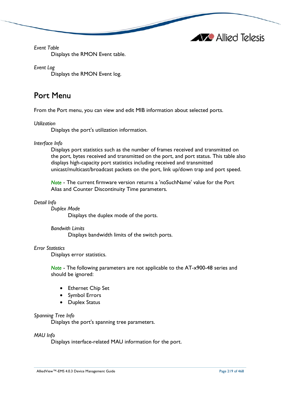 Port menu | Allied Telesis AlliedView-EMS 4.0.3 Device-Management User Manual | Page 219 / 468