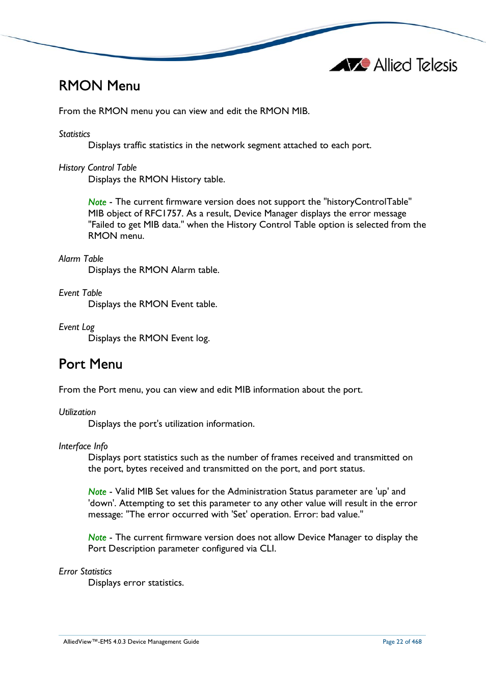 Rmon menu, Port menu | Allied Telesis AlliedView-EMS 4.0.3 Device-Management User Manual | Page 22 / 468