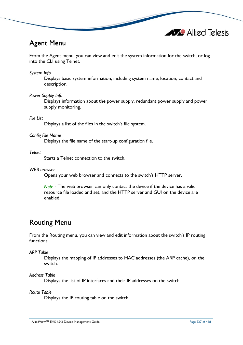 Agent menu, Routing menu | Allied Telesis AlliedView-EMS 4.0.3 Device-Management User Manual | Page 227 / 468