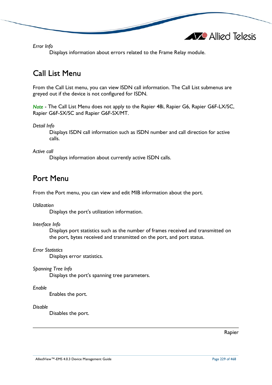 Call list menu, Port menu | Allied Telesis AlliedView-EMS 4.0.3 Device-Management User Manual | Page 229 / 468