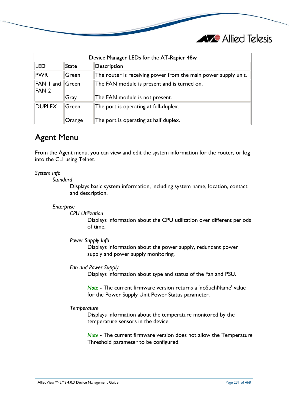 Agent menu | Allied Telesis AlliedView-EMS 4.0.3 Device-Management User Manual | Page 231 / 468