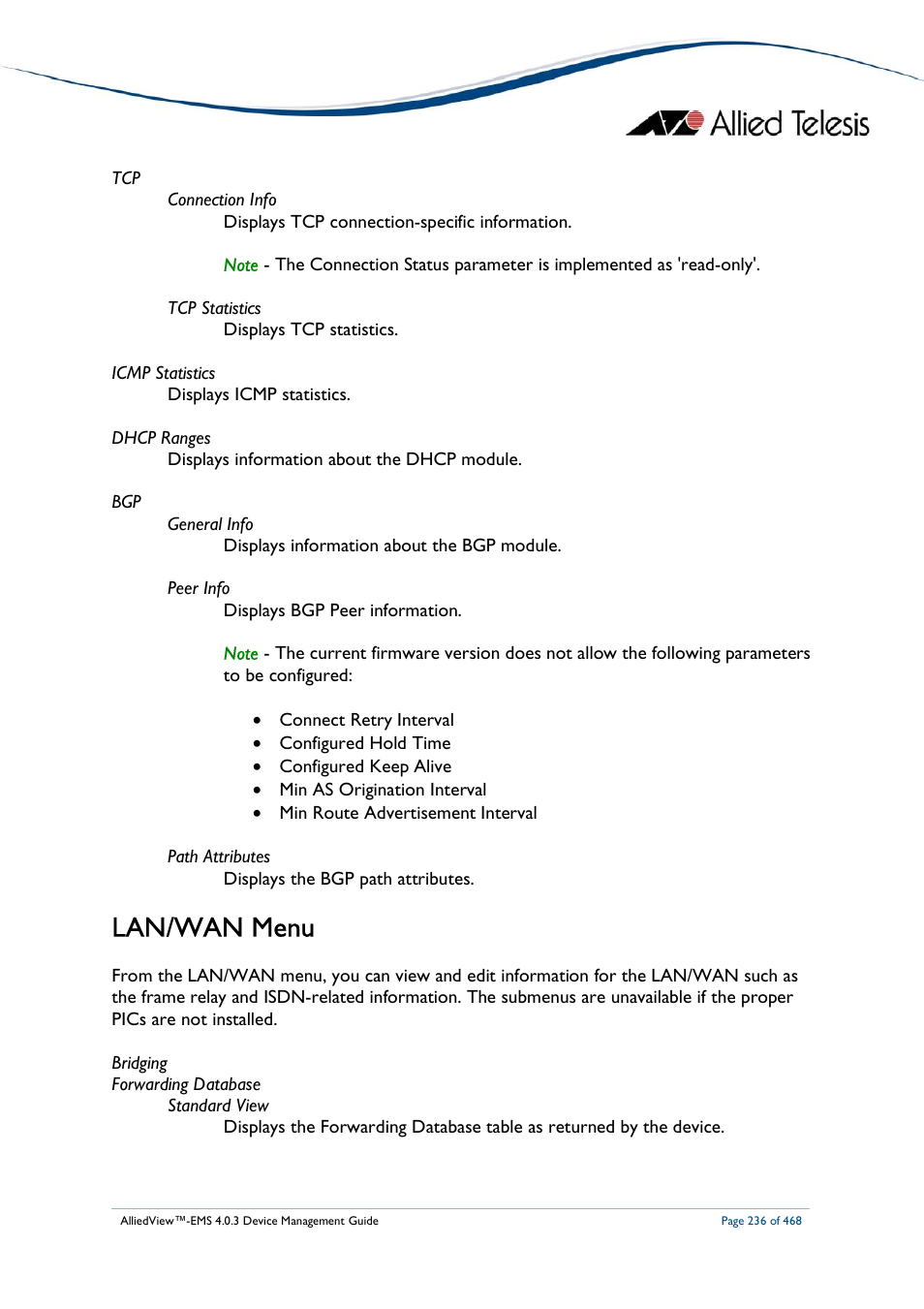 Lan/wan menu | Allied Telesis AlliedView-EMS 4.0.3 Device-Management User Manual | Page 236 / 468