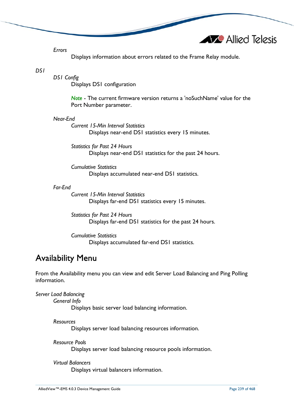 Availability menu | Allied Telesis AlliedView-EMS 4.0.3 Device-Management User Manual | Page 239 / 468