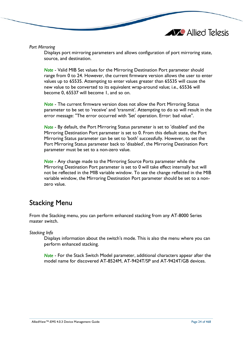 Stacking menu | Allied Telesis AlliedView-EMS 4.0.3 Device-Management User Manual | Page 24 / 468