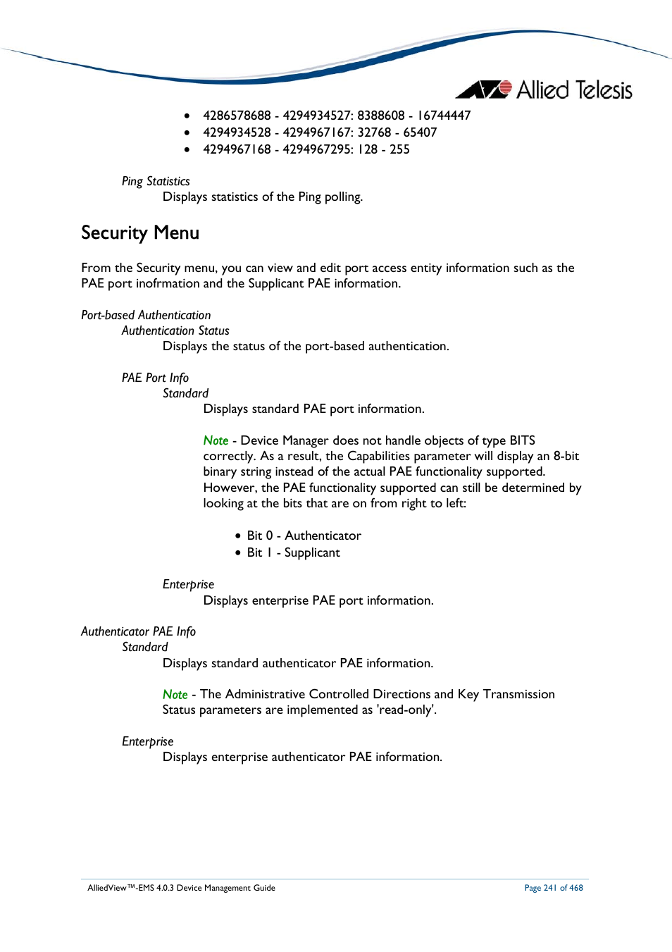 Security menu | Allied Telesis AlliedView-EMS 4.0.3 Device-Management User Manual | Page 241 / 468