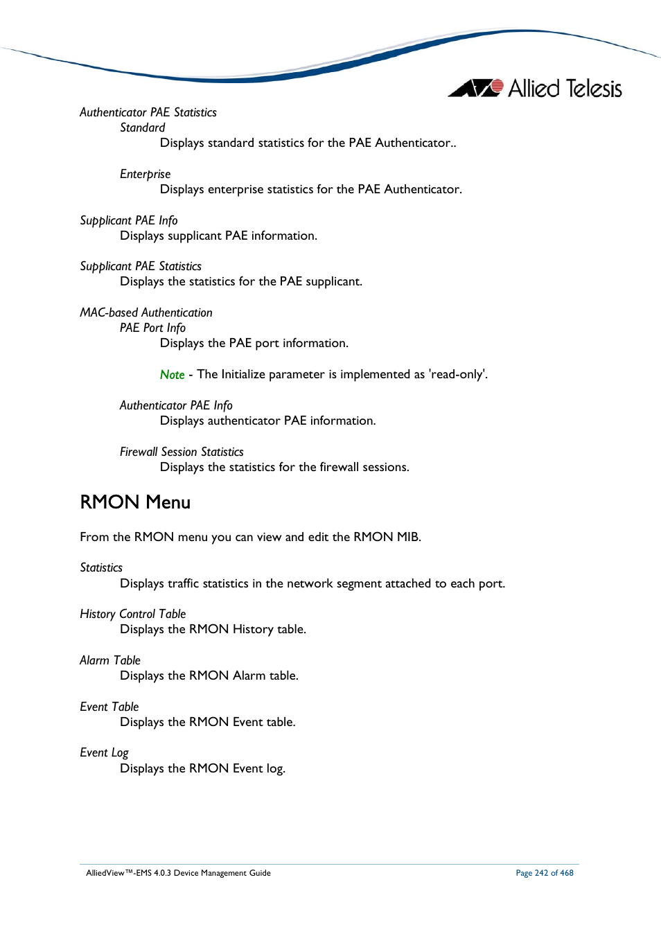 Rmon menu | Allied Telesis AlliedView-EMS 4.0.3 Device-Management User Manual | Page 242 / 468
