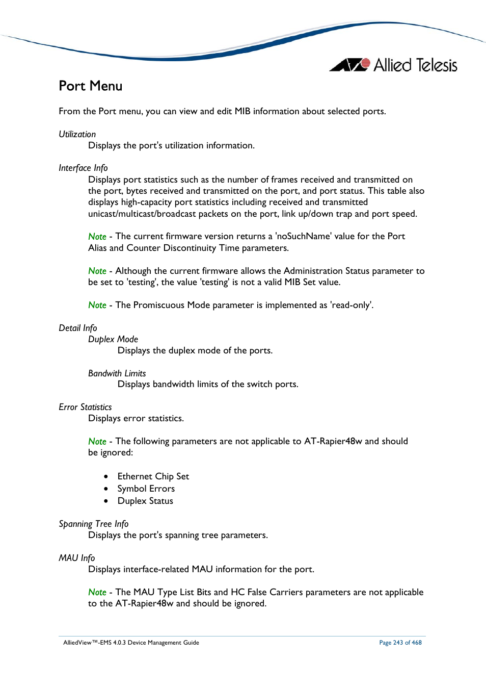 Port menu | Allied Telesis AlliedView-EMS 4.0.3 Device-Management User Manual | Page 243 / 468