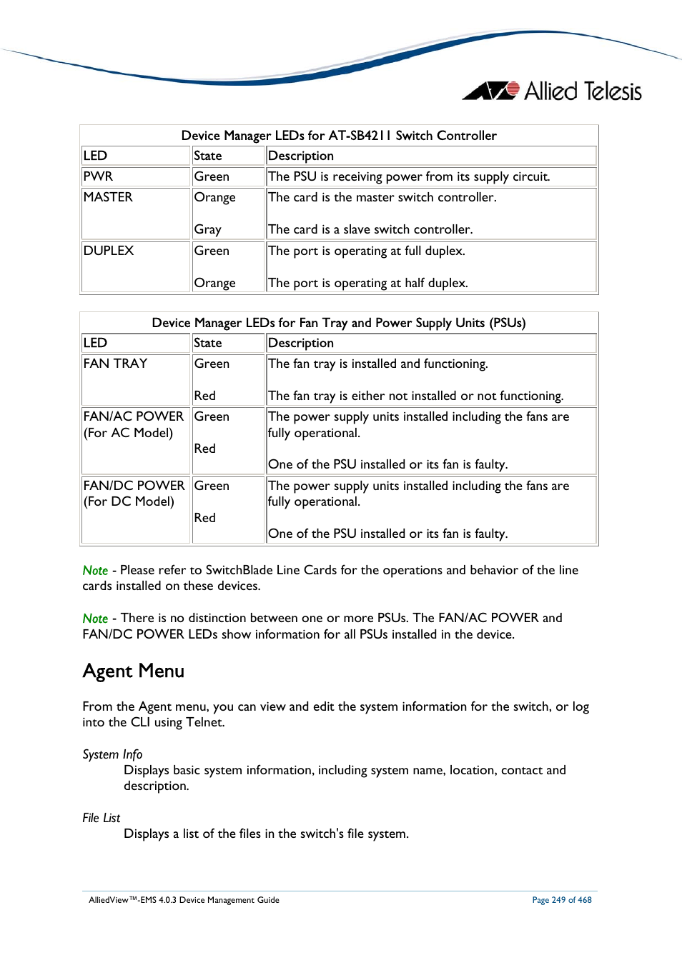 Agent menu | Allied Telesis AlliedView-EMS 4.0.3 Device-Management User Manual | Page 249 / 468