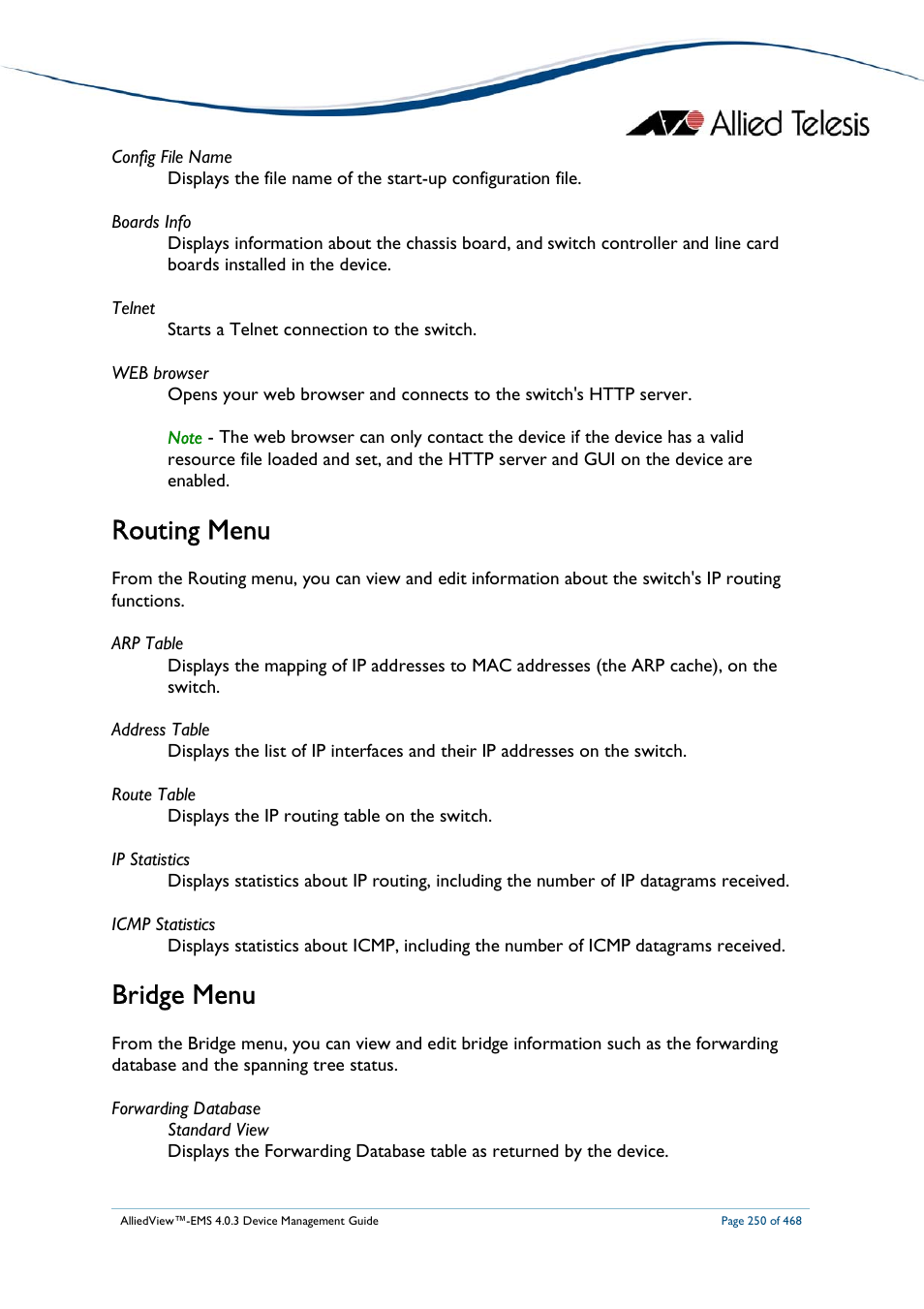 Routing menu, Bridge menu | Allied Telesis AlliedView-EMS 4.0.3 Device-Management User Manual | Page 250 / 468