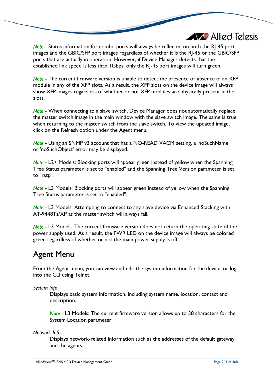 Agent menu | Allied Telesis AlliedView-EMS 4.0.3 Device-Management User Manual | Page 261 / 468
