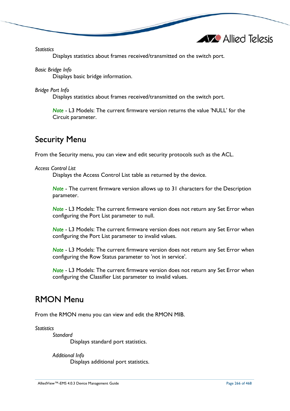 Security menu, Rmon menu | Allied Telesis AlliedView-EMS 4.0.3 Device-Management User Manual | Page 266 / 468