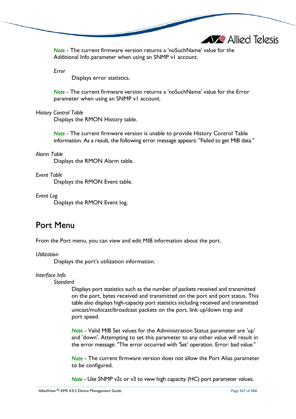 Port menu | Allied Telesis AlliedView-EMS 4.0.3 Device-Management User Manual | Page 267 / 468