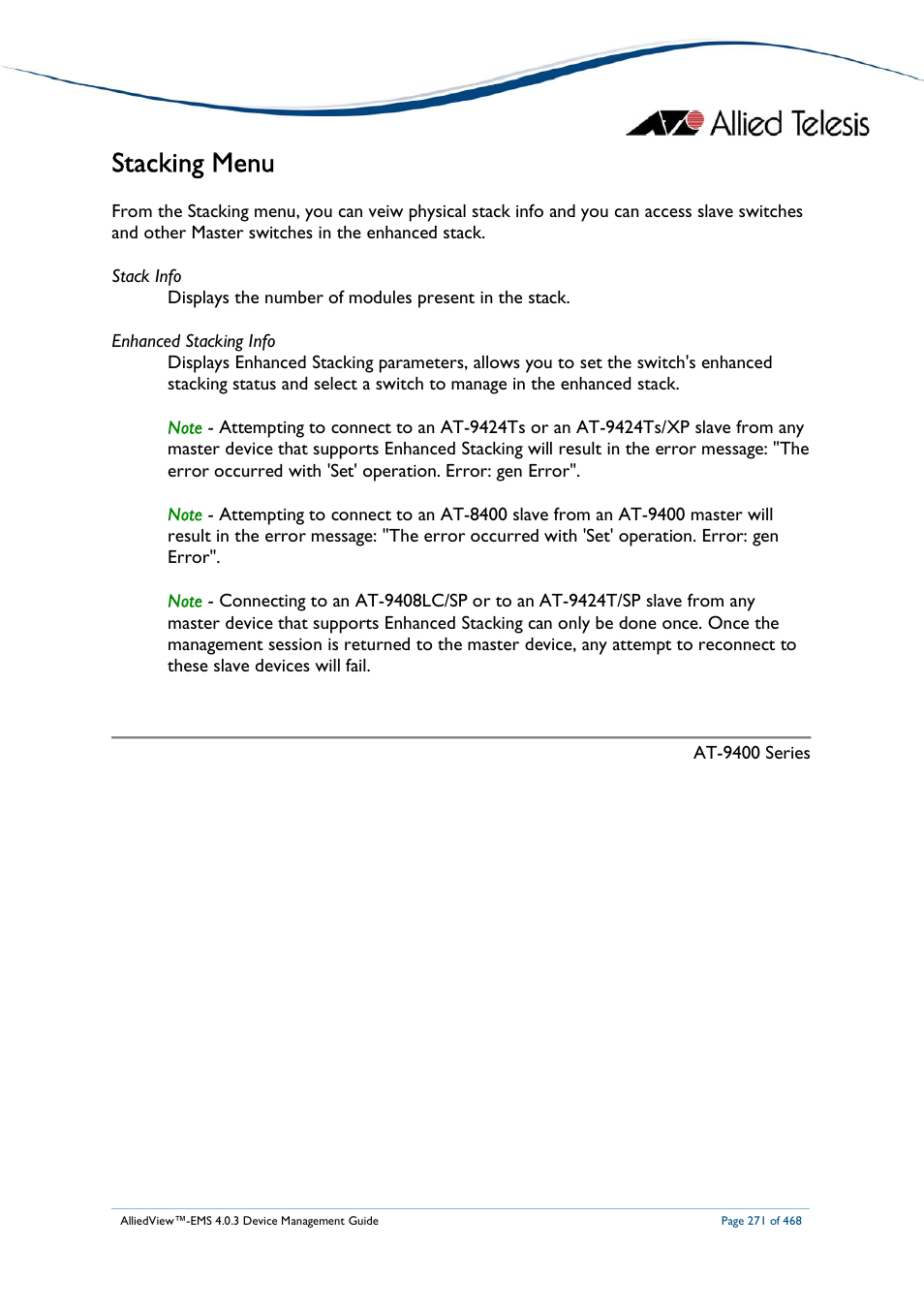 Stacking menu | Allied Telesis AlliedView-EMS 4.0.3 Device-Management User Manual | Page 271 / 468