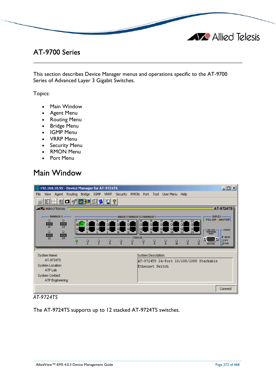 Main window, At-9700 series | Allied Telesis AlliedView-EMS 4.0.3 Device-Management User Manual | Page 272 / 468