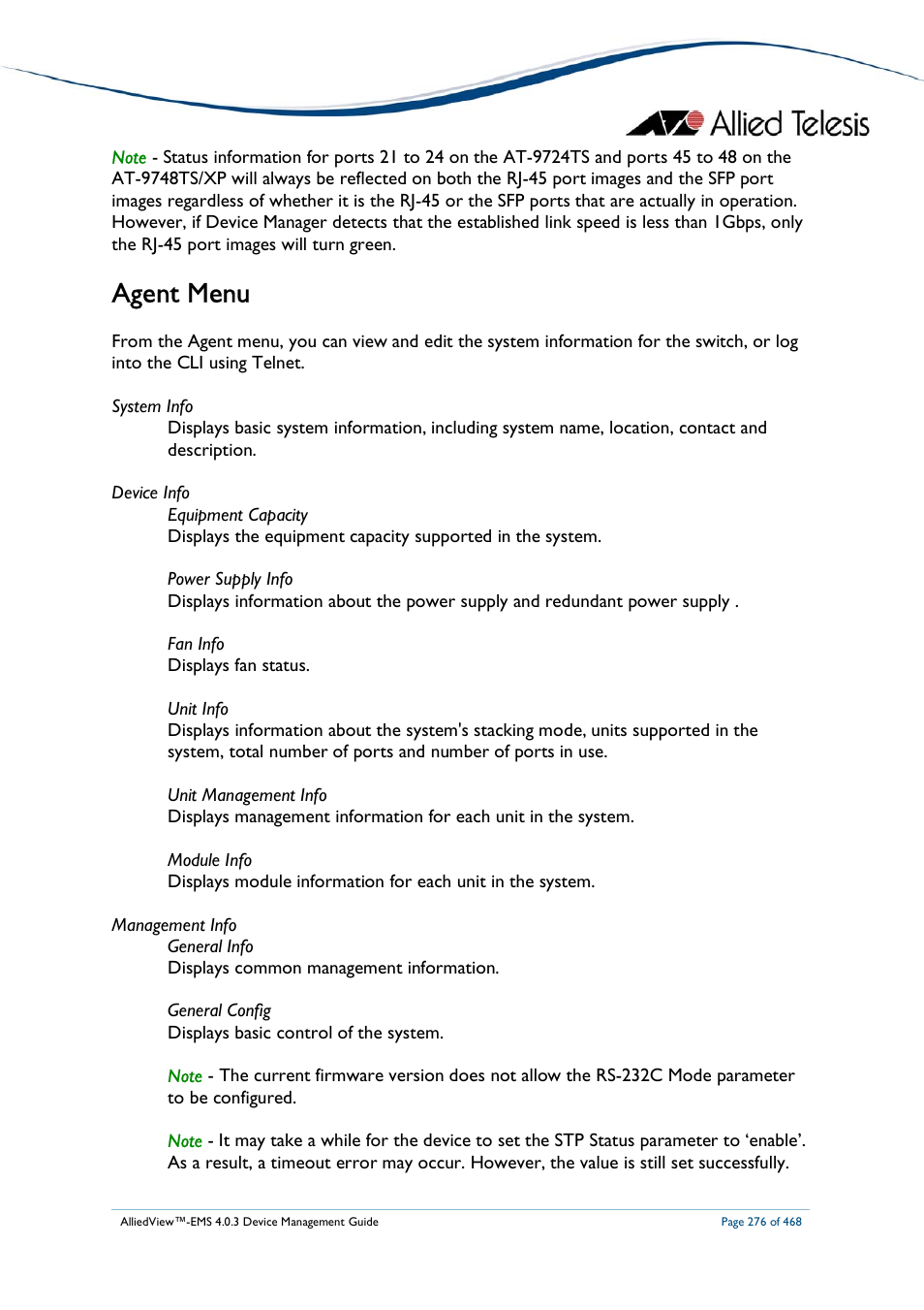 Agent menu | Allied Telesis AlliedView-EMS 4.0.3 Device-Management User Manual | Page 276 / 468