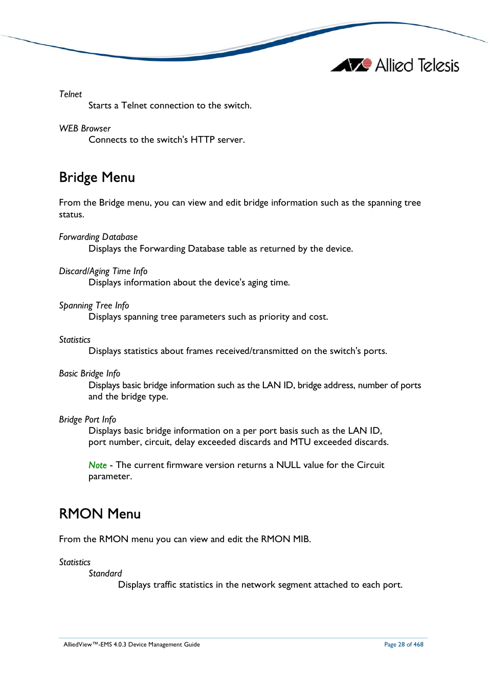 Bridge menu, Rmon menu | Allied Telesis AlliedView-EMS 4.0.3 Device-Management User Manual | Page 28 / 468
