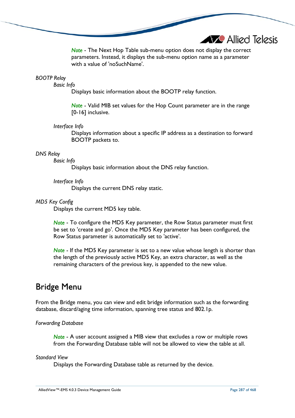 Bridge menu | Allied Telesis AlliedView-EMS 4.0.3 Device-Management User Manual | Page 287 / 468