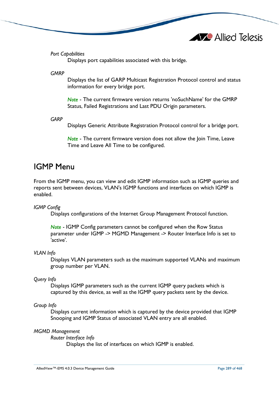 Igmp menu | Allied Telesis AlliedView-EMS 4.0.3 Device-Management User Manual | Page 289 / 468
