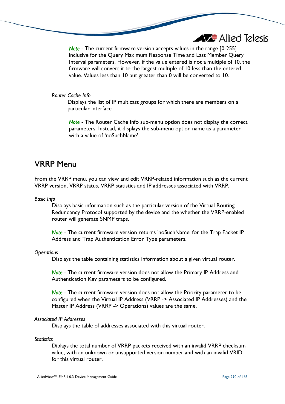 Vrrp menu | Allied Telesis AlliedView-EMS 4.0.3 Device-Management User Manual | Page 290 / 468