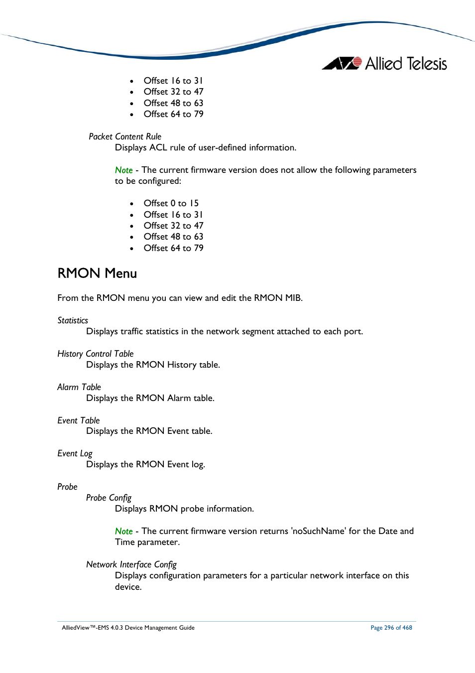 Rmon menu | Allied Telesis AlliedView-EMS 4.0.3 Device-Management User Manual | Page 296 / 468