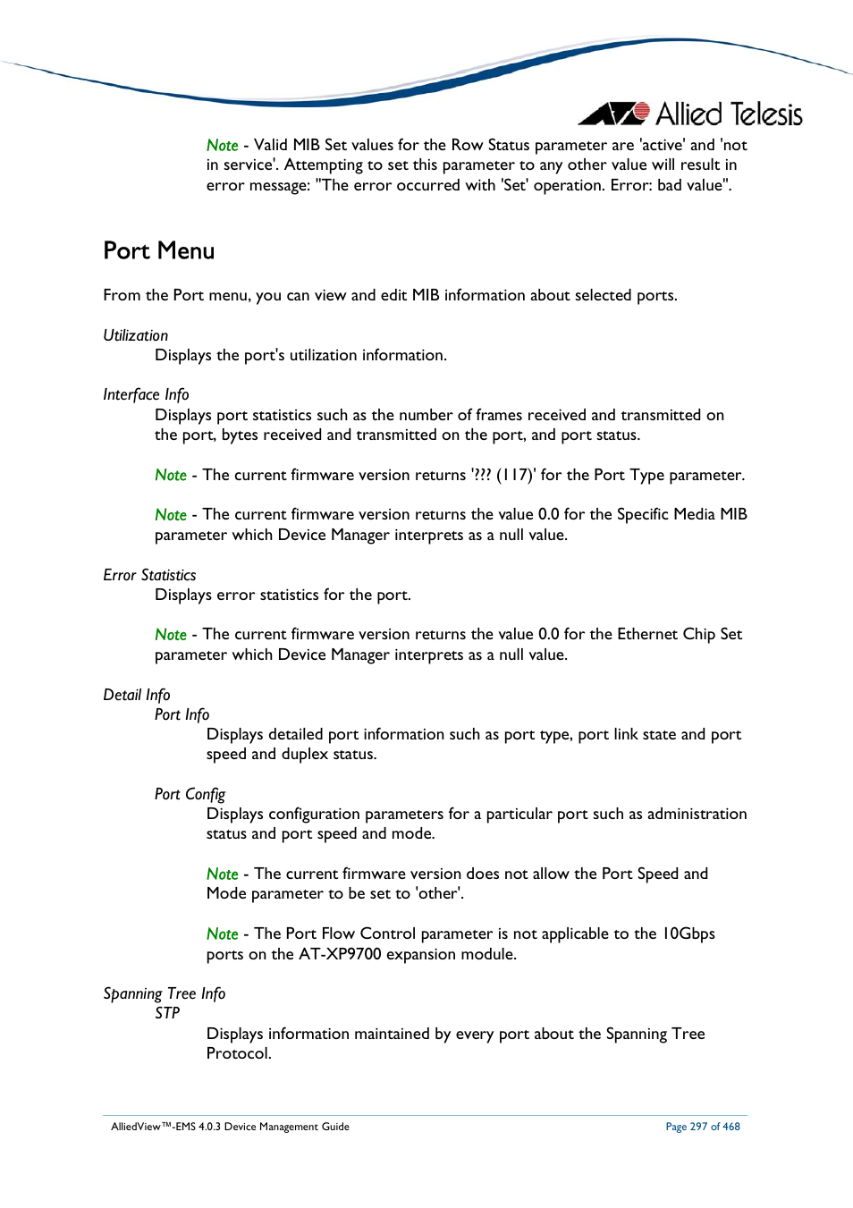 Port menu | Allied Telesis AlliedView-EMS 4.0.3 Device-Management User Manual | Page 297 / 468