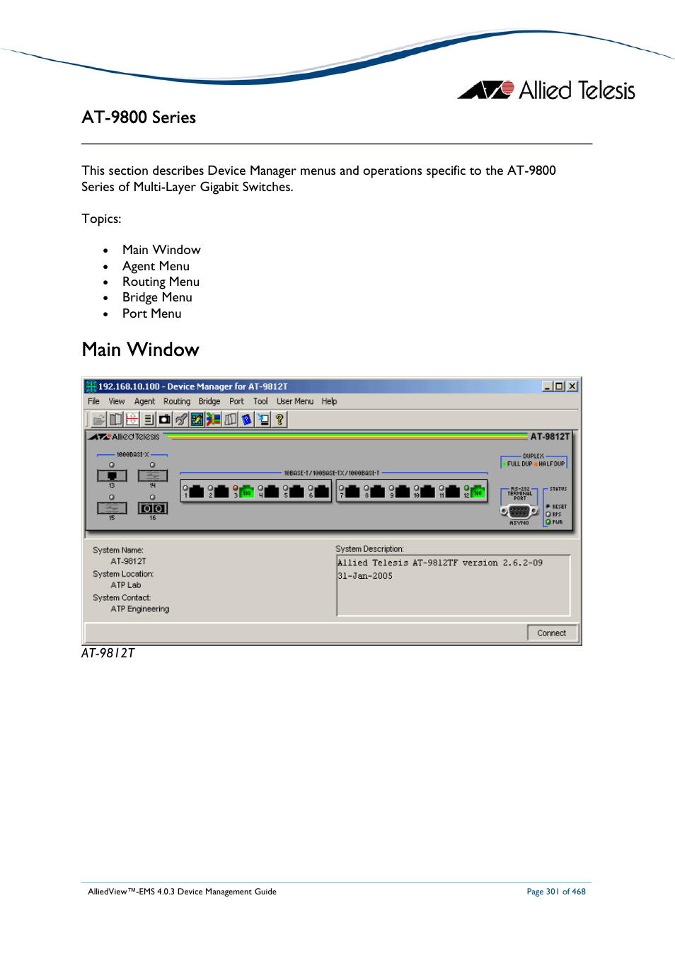 Main window, At-9800 series | Allied Telesis AlliedView-EMS 4.0.3 Device-Management User Manual | Page 301 / 468