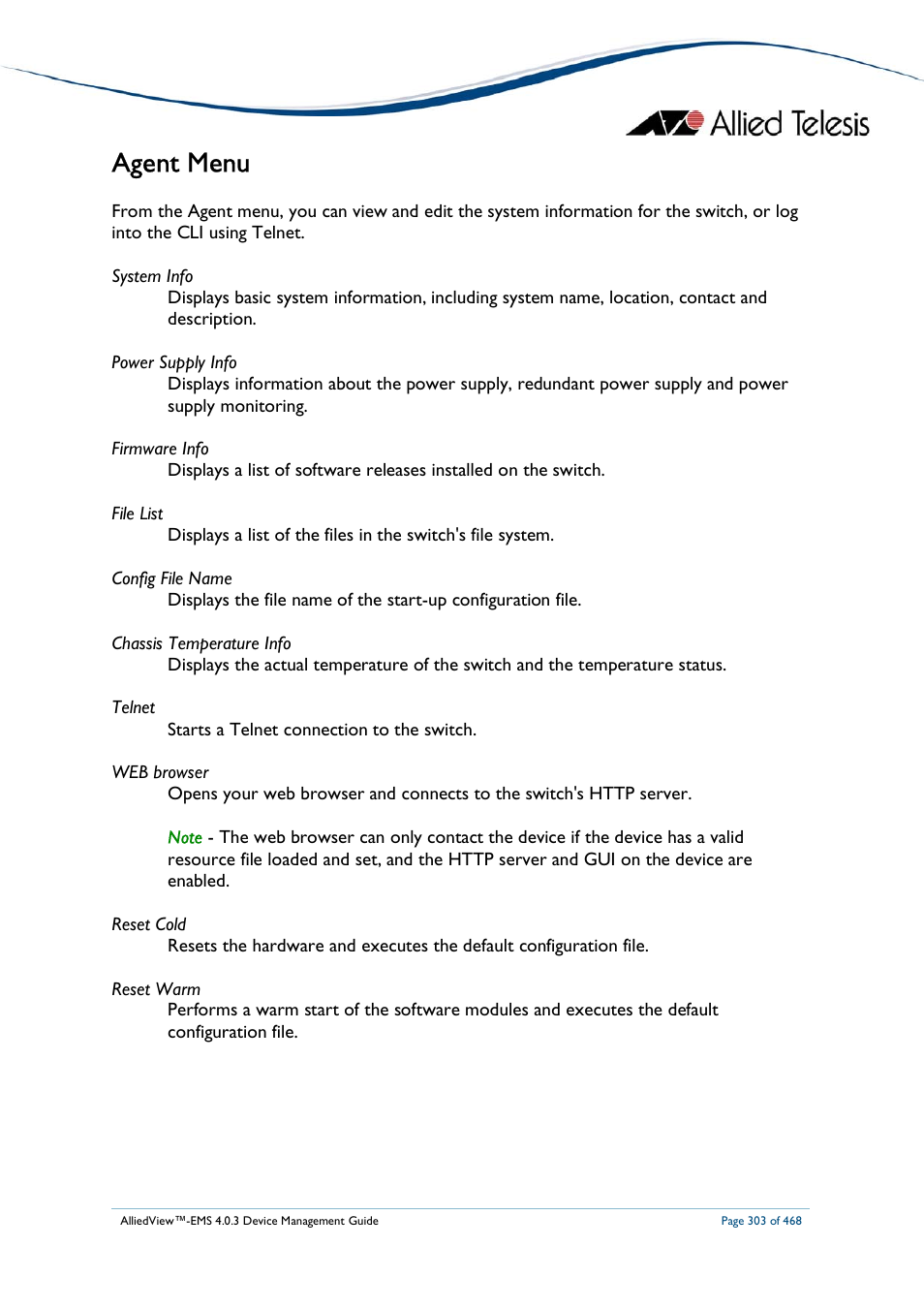 Agent menu | Allied Telesis AlliedView-EMS 4.0.3 Device-Management User Manual | Page 303 / 468