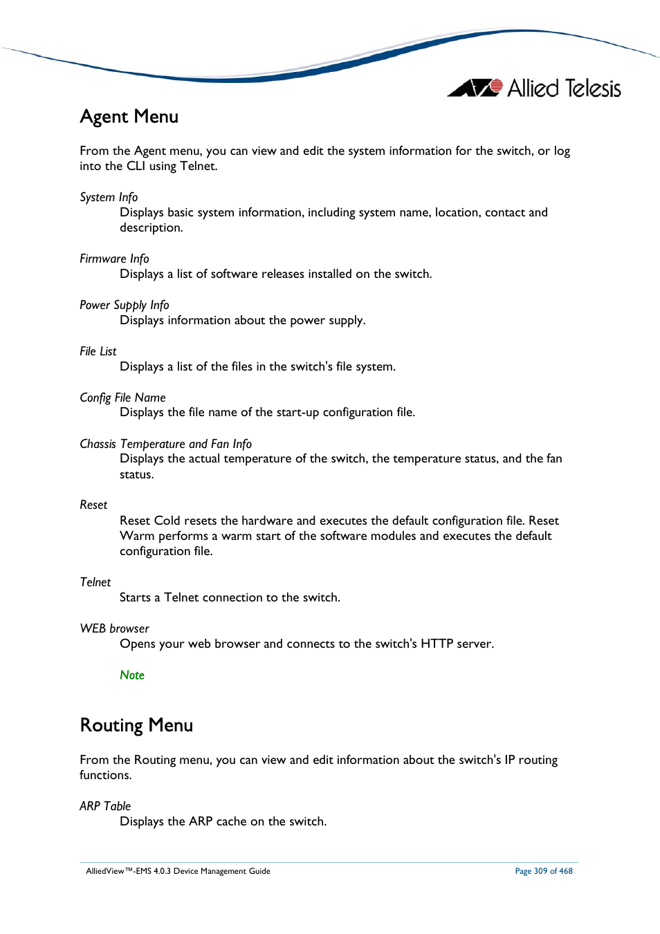 Agent menu, Routing menu | Allied Telesis AlliedView-EMS 4.0.3 Device-Management User Manual | Page 309 / 468