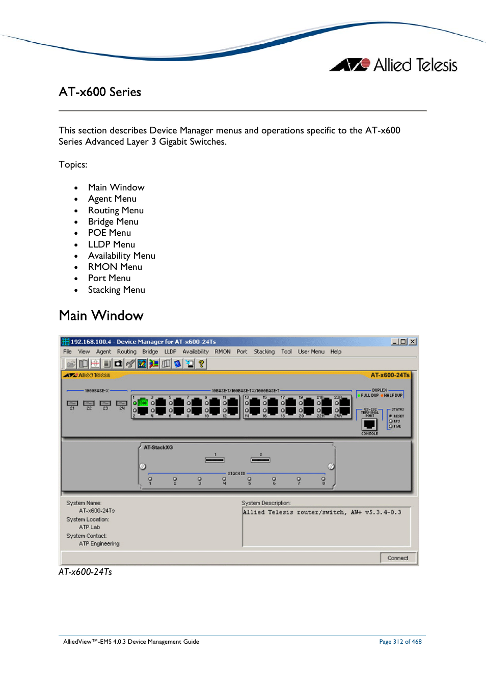 Main window, At-x600 series | Allied Telesis AlliedView-EMS 4.0.3 Device-Management User Manual | Page 312 / 468