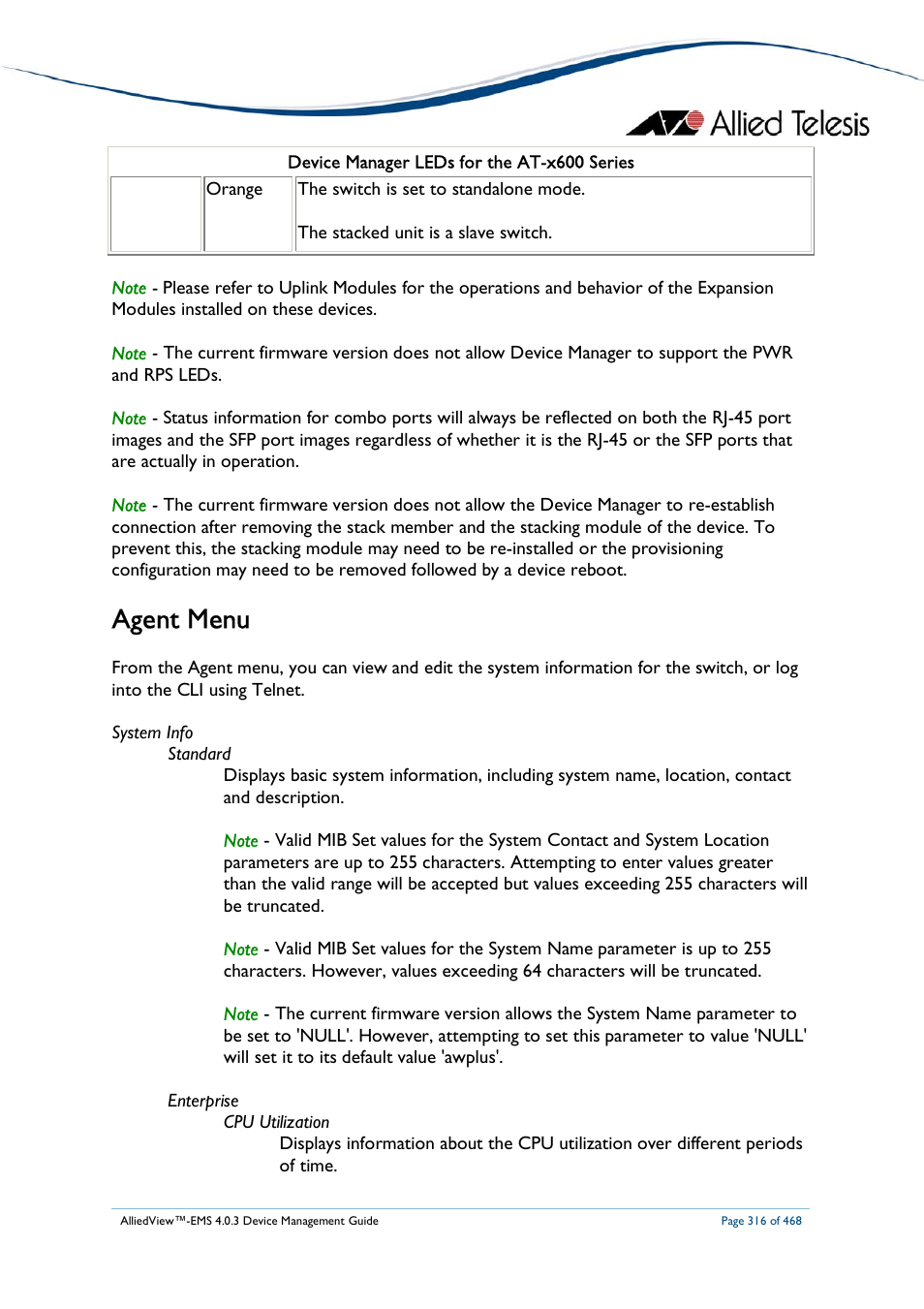 Agent menu | Allied Telesis AlliedView-EMS 4.0.3 Device-Management User Manual | Page 316 / 468