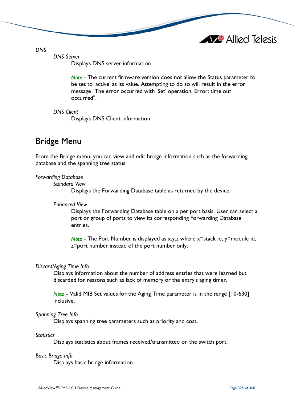 Bridge menu | Allied Telesis AlliedView-EMS 4.0.3 Device-Management User Manual | Page 325 / 468