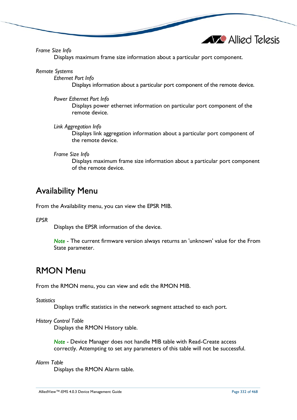 Availability menu, Rmon menu | Allied Telesis AlliedView-EMS 4.0.3 Device-Management User Manual | Page 332 / 468