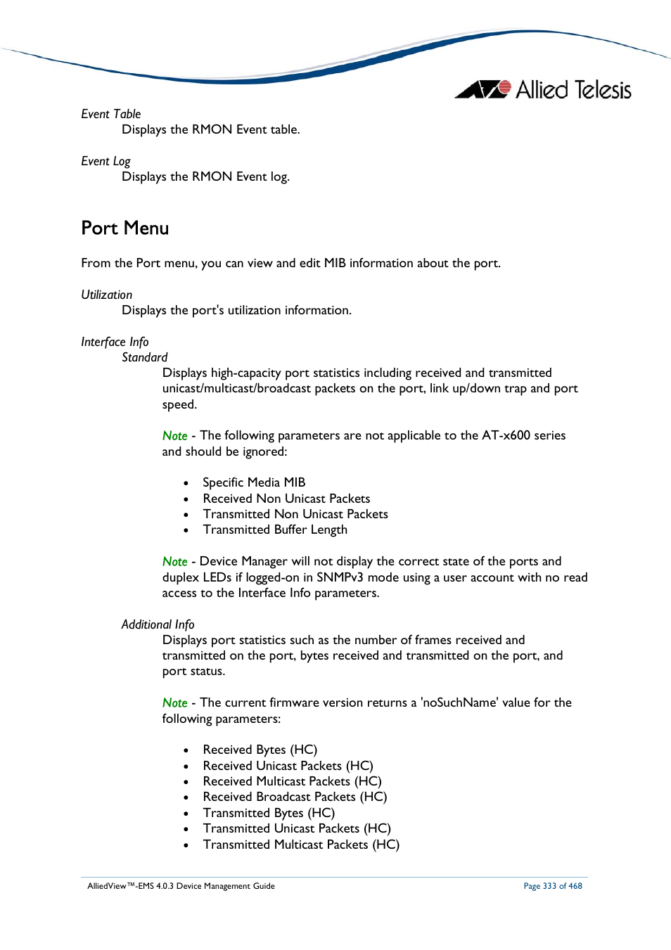 Port menu | Allied Telesis AlliedView-EMS 4.0.3 Device-Management User Manual | Page 333 / 468