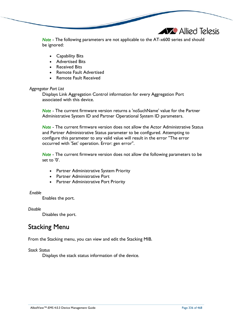 Stacking menu | Allied Telesis AlliedView-EMS 4.0.3 Device-Management User Manual | Page 336 / 468