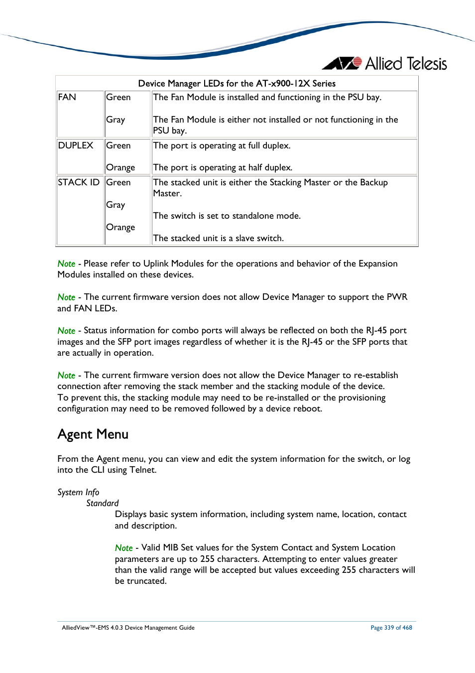 Agent menu | Allied Telesis AlliedView-EMS 4.0.3 Device-Management User Manual | Page 339 / 468