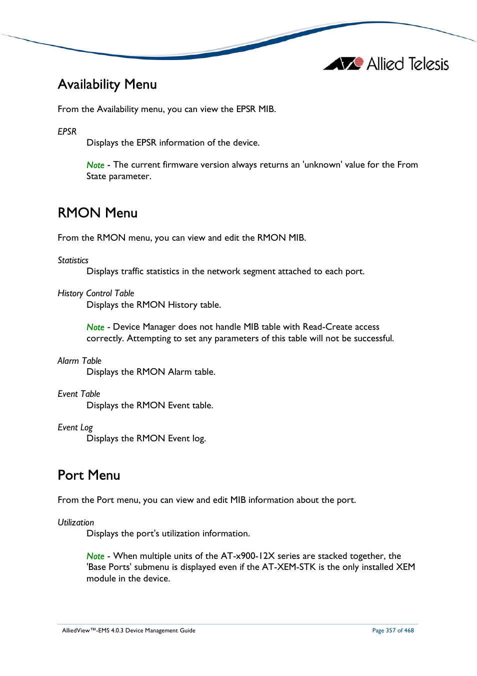 Availability menu, Rmon menu, Port menu | Allied Telesis AlliedView-EMS 4.0.3 Device-Management User Manual | Page 357 / 468