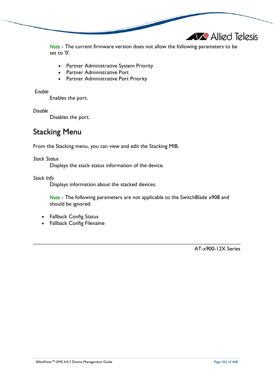 Stacking menu | Allied Telesis AlliedView-EMS 4.0.3 Device-Management User Manual | Page 362 / 468
