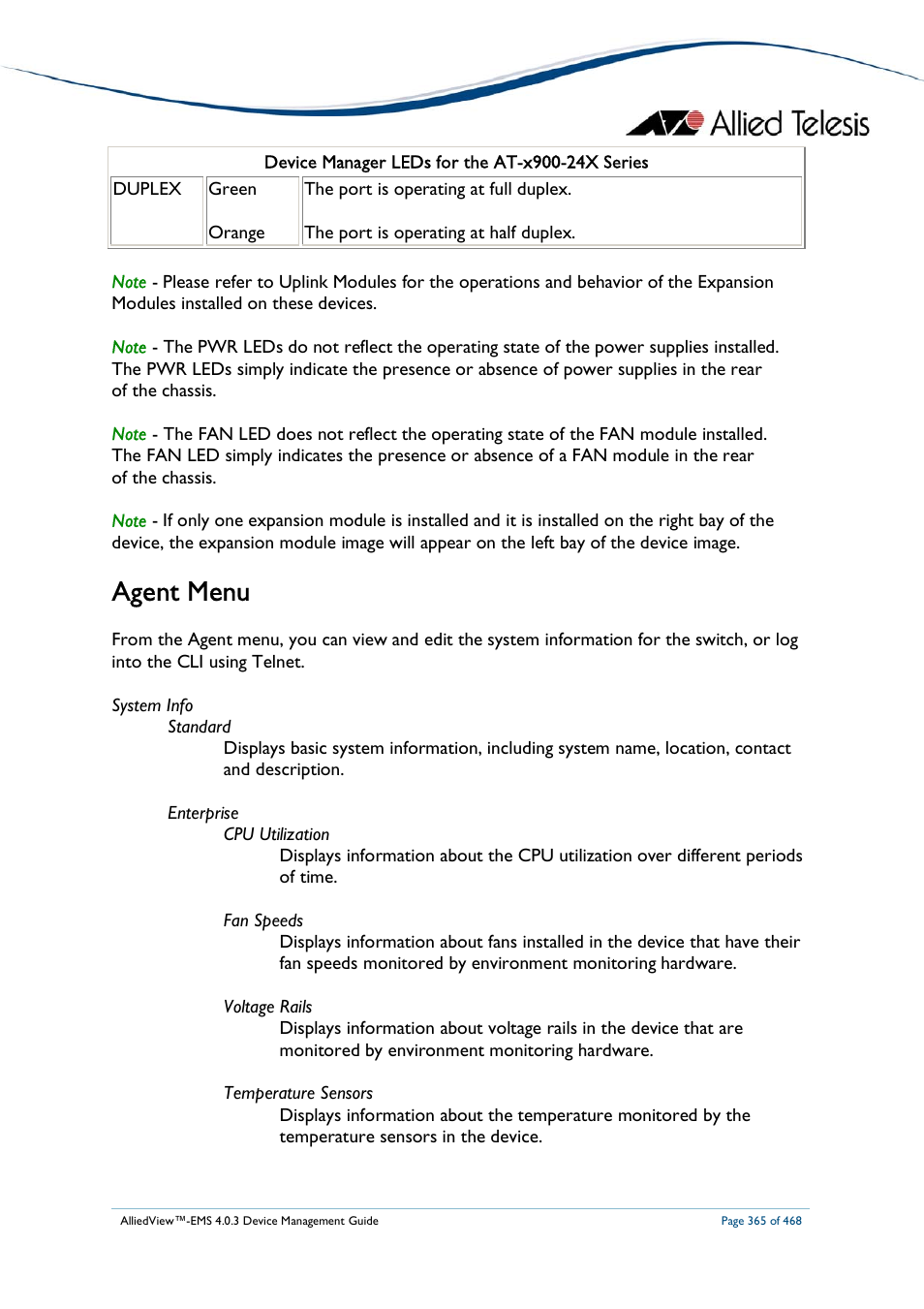 Agent menu | Allied Telesis AlliedView-EMS 4.0.3 Device-Management User Manual | Page 365 / 468