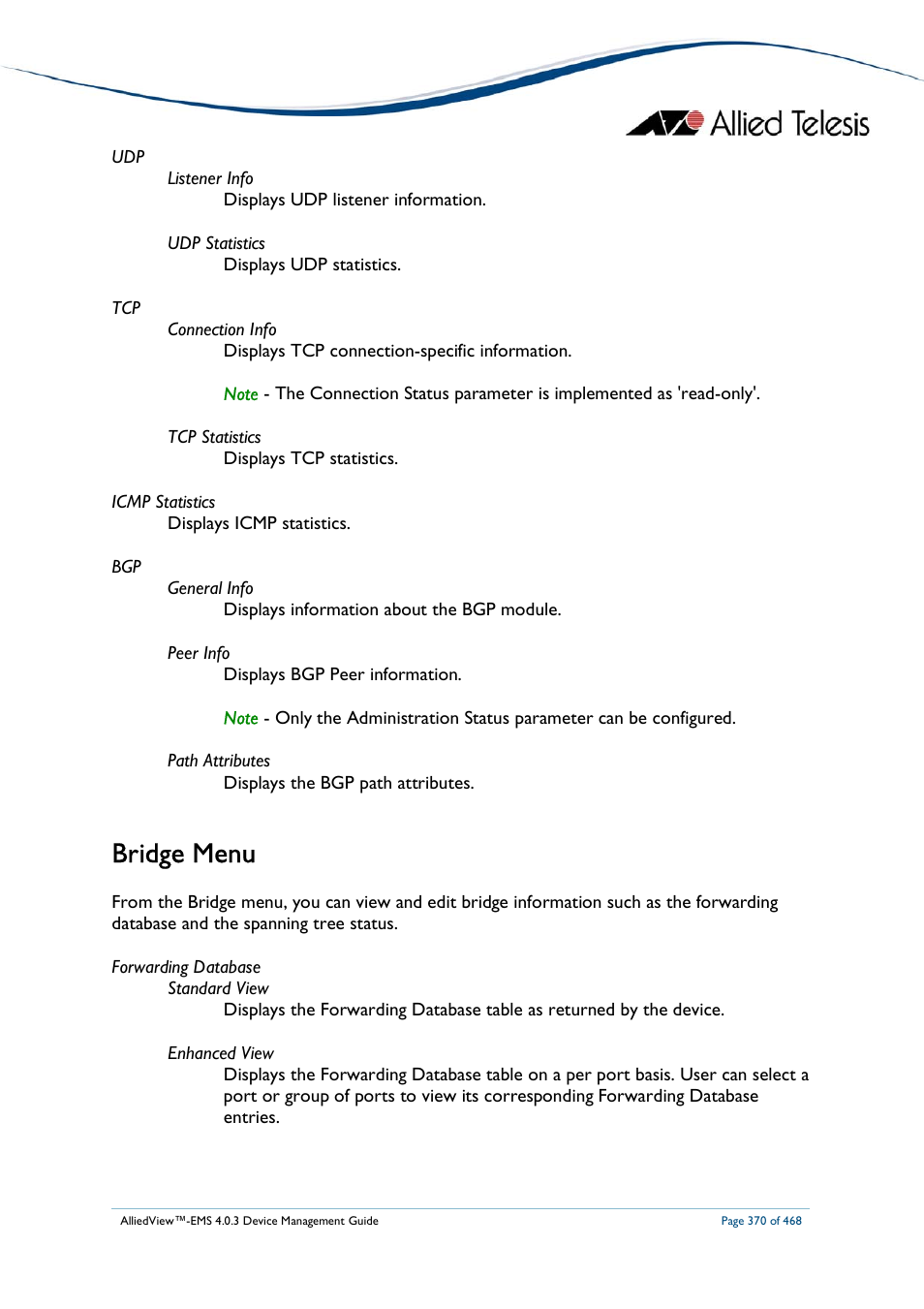 Bridge menu | Allied Telesis AlliedView-EMS 4.0.3 Device-Management User Manual | Page 370 / 468