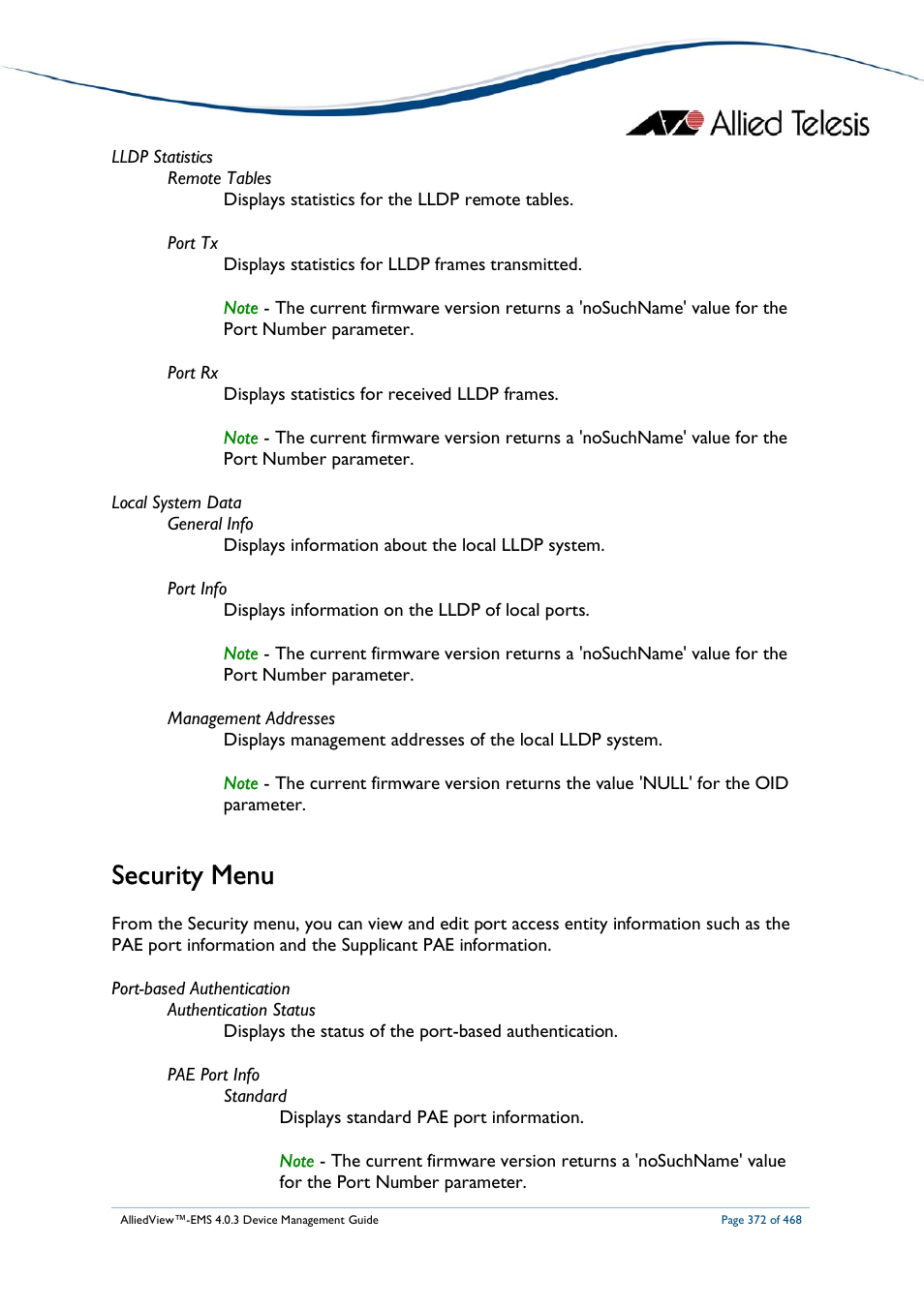 Security menu | Allied Telesis AlliedView-EMS 4.0.3 Device-Management User Manual | Page 372 / 468
